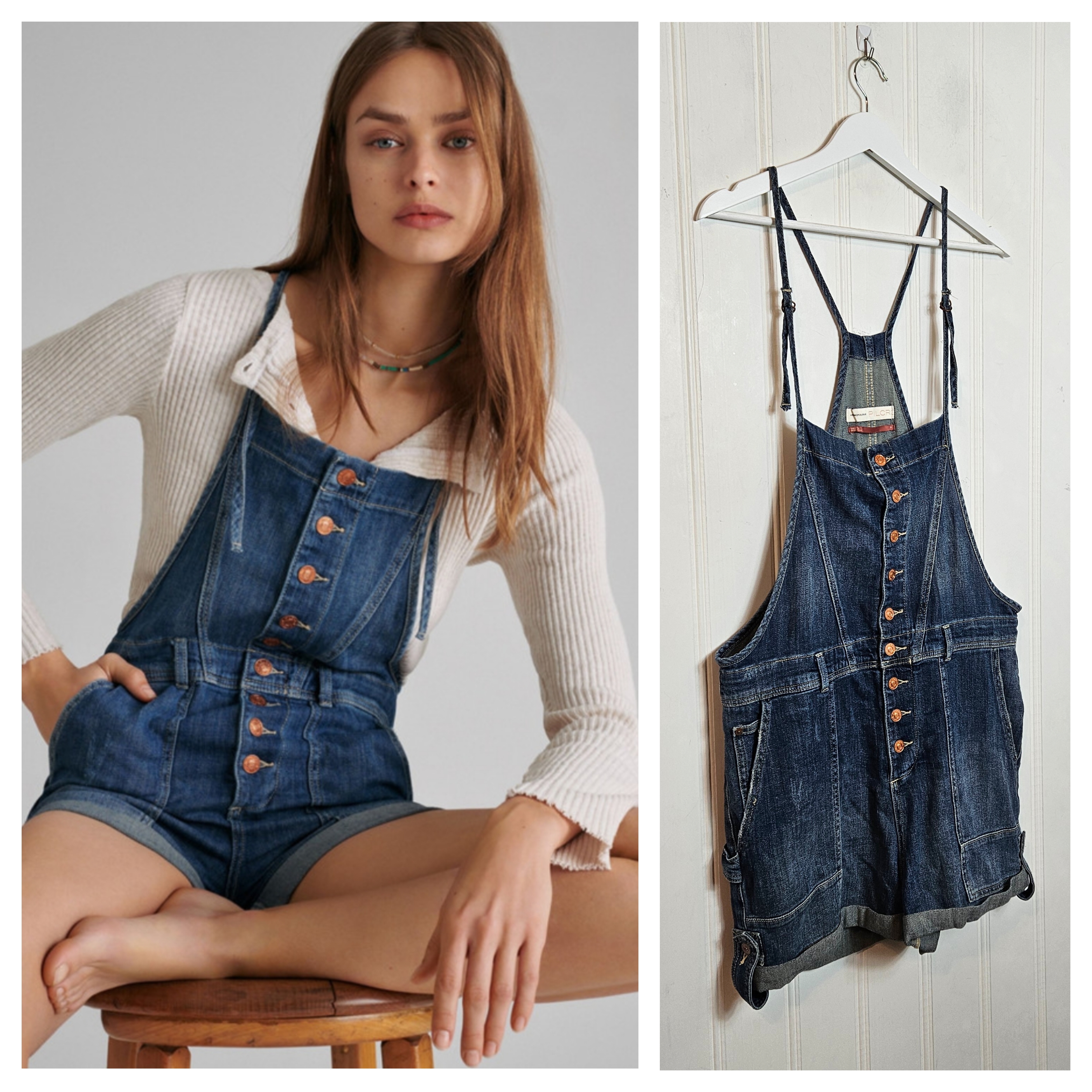 Pilcro Anthro Denim Short Overalls Button Front Cuffed Stretch Size 31